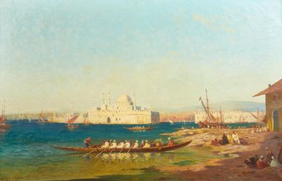 peinture représentant un bateau sur un plan d'eau près d'un bâtiment