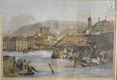 une image d'une peinture d'une ville au bord de l'eau