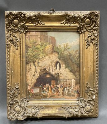 an old picture of a painting of a cave with people in it