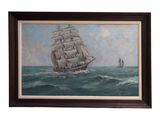 painting of a sailing ship in the ocean with a sailboat in the background
