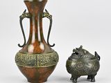 pair of chinese bronze vases and a small bronze urn