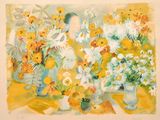 une peinture de fleurs dans un vase sur une table