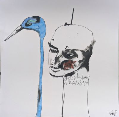 dessin représentant un oiseau et le visage d'un homme sur une feuille de papier