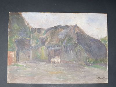 un tableau représentant un cheval blanc debout devant un bâtiment