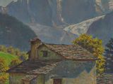 une image représentant une peinture d'une maison dans un champ, avec des montagnes en arrière-plan