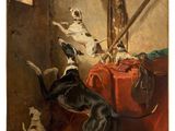 painting of two dogs playing with each other in a room
