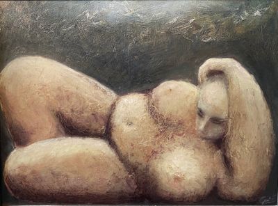 un tableau représentant une femme nue allongée avec un ours en peluche