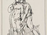 un dessin en noir et blanc représentant un homme et une femme debout l'un à côté de l'autre
