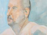 painting of a man with a bald head and a mustache in front of a blue background