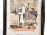 painting of a man and a woman in a kitchen with a bird on the wall