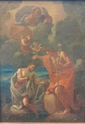 un vieux tableau représentant un homme à genoux devant une femme tenant un bébé dans ses bras