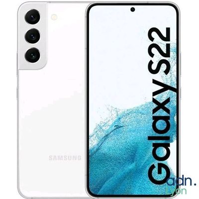 Le Samsung Galaxy S35e est présenté en blanc sur fond bleu.