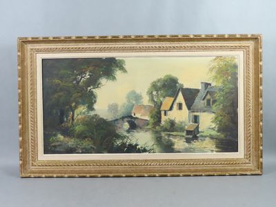 an oil painting of a house by a river in a gold frame