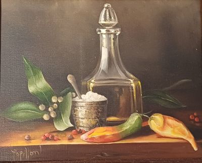 tableau représentant une nature morte avec une bouteille d'huile et des épices posées sur une table