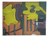 a painting of yellow chairs and a cup of coffee