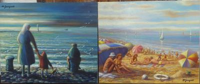 trois tableaux représentant des personnes à la plage avec des parasols