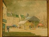 un tableau représentant une scène de rue avec des passants