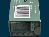 a green box with a barcode on it