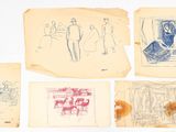 Plusieurs dessins représentant des personnes et des animaux figurent sur une feuille de papier.