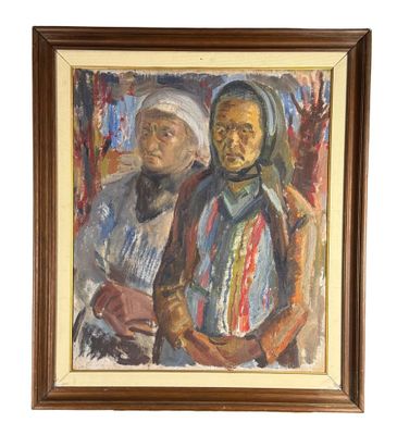 une peinture à l'huile représentant deux personnes debout l'une à côté de l'autre