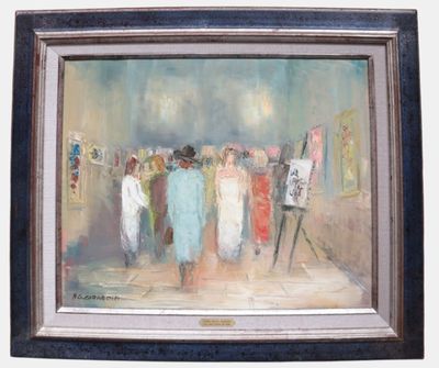 an oil painting of a group of people standing in front of a painting easel