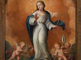an image of a painting of a woman holding a dove above a globe