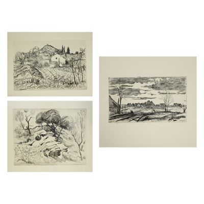 trois dessins représentant un paysage avec des arbres et une maison
