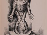 drawing of a black and white image of a man in a costume