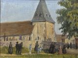 tableau représentant un groupe de personnes debout devant une église