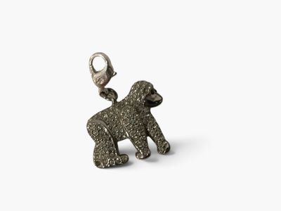 a close up of a dog charm on a white background