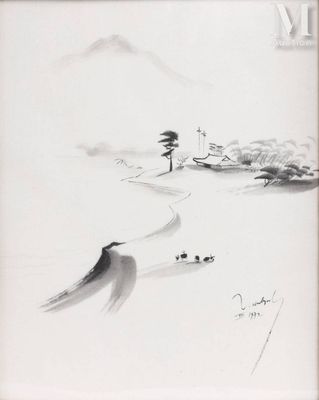 un dessin représentant un oiseau volant au-dessus d'une colline