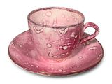 une tasse rose et sa soucoupe posées sur une soucoupe