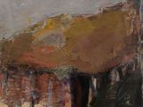 une peinture à l'huile représentant une grange avec des moutons dans un champ