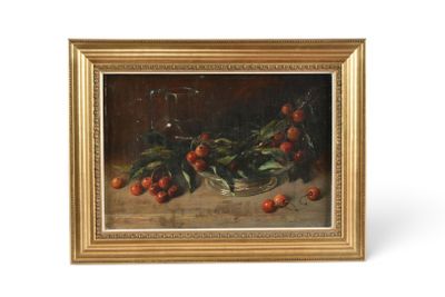 une peinture à l'huile représentant des cerises dans un saladier en verre posé sur une table