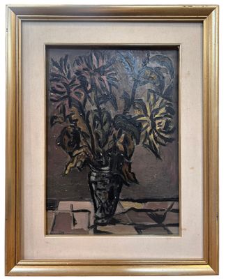 a painting of flowers in a vase on a table