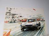 a picture of a painting of a race car going down the track