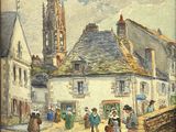peinture d'une scène de rue avec un clocher d'église en arrière-plan