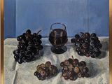 une peinture de raisins et d'un verre de vin sur une table