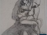 drawing of a woman sitting on a chair with a dog