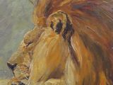 an oil painting of a lion laying down on the ground