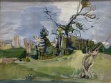 une peinture sur le mur d'un immeuble, avec un arbre au premier plan