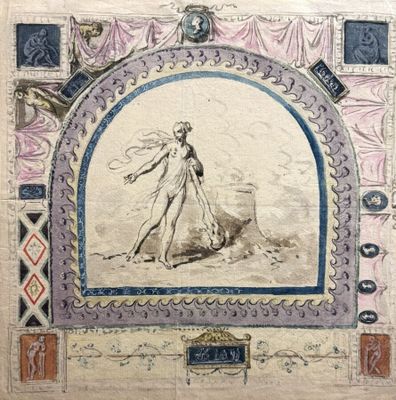 le dessin d'une femme en robe blanche debout devant un cadre bleu et rose
