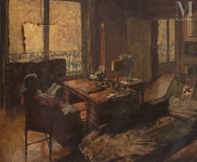 a painting of a living room with a couch and a table