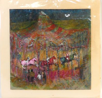 an image of a painting of a carousel ride with people on it