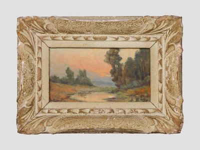 painting of a landscape with trees and a river in a gold frame