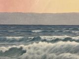 a painting of a man on a surfboard in the ocean