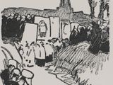 the cover of a book with a drawing of a church in the background