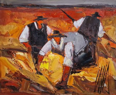 an oil painting of two men riding horses in a field