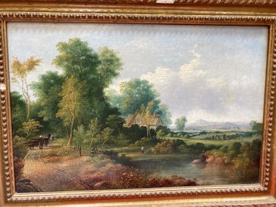 peinture représentant un paysage avec une rivière et une maison au loin