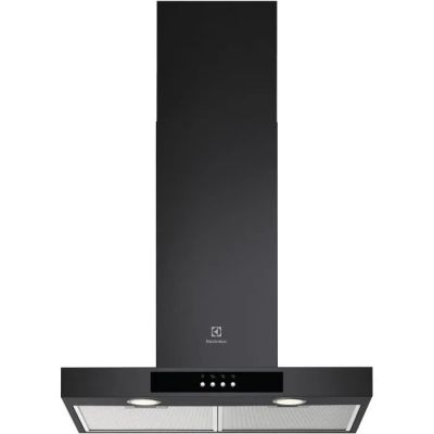 a black range hood with a light on top of it